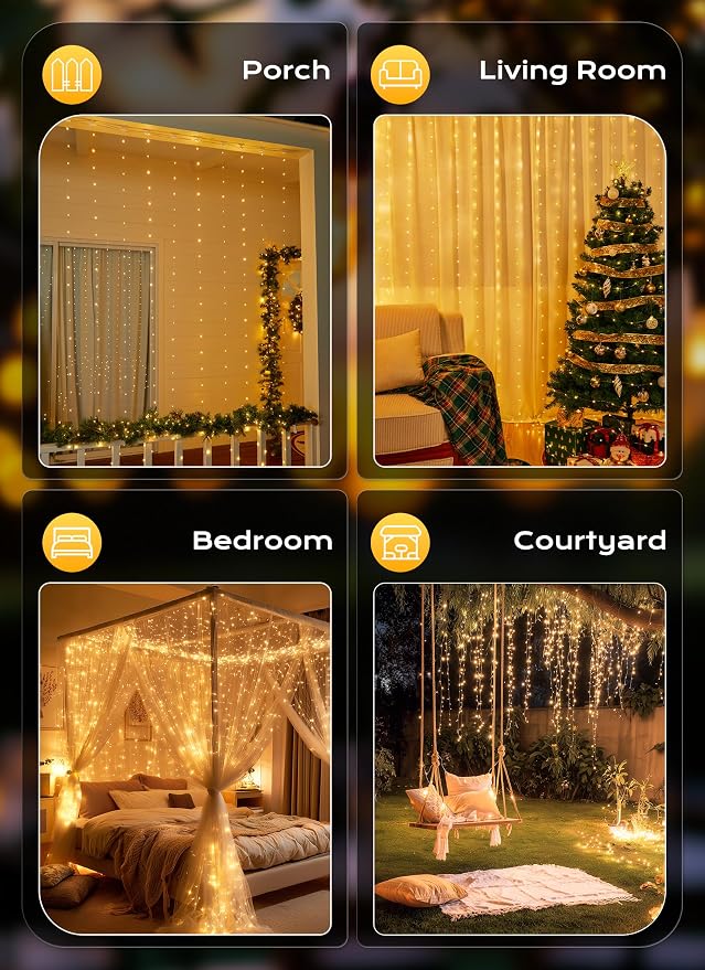 Brightown 300 LED Fairy Curtain Lights, 9.8ft x 9.8ft Warm White Curtain String Lights, USB Plug in 8 Lighting Modes Christmas Decoration, Hanging Lights with Remote for Bedroom Indoor Weddings Dorm