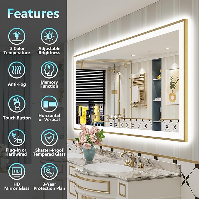 77x36 Gold LED Bathroom Mirror with Lights, Brushed Gold Framed Backlit and Front Lit Anti-Fog Lighted Vanity Mirrors for Bathroom Wall, Dimmable, 3 Colors, Memory, HD Tempered Glass, CRI＞90