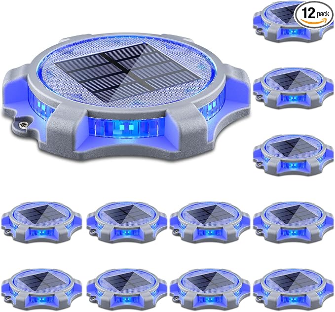 SIEDiNLAR Solar Deck Lights Outdoor 2 Modes LED Driveway Markers Dock Light Waterproof for Step Walkway Ground Stair Pathway Yard Road Garden 12 Pack (Blue/Red)