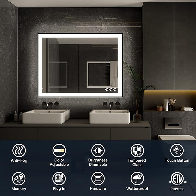 ISKM Framed LED Mirror for Bathroom 48"x40", Dimmable LED Bathroom Mirror with Lights, Anti-Fog, Front and Backlit Lighted Mirror 3-Colors, Shatterproof, Memory Function