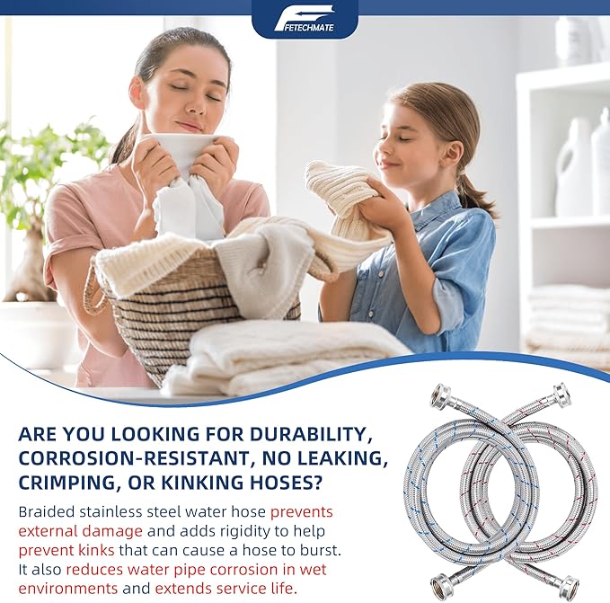 Stainless Steel Washing Machine Hoses 4FT Washer Hoses 3/4" NPT Connection Red and Blue Water Supply Lines by Fetechmate Hot and Cold Washer Hoses (2 Pack) - 10 YEAR WARRANTY
