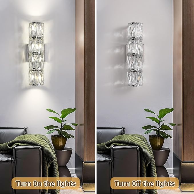 Crystal Wall Sconces Set of Two, Modern Sconces Wall Decor Set of 2 Chrome Bedroom Indoor Wall Sconce Bedside Wall Mounted Lamp for Hallway Bathroom Vanity Light Fixtures