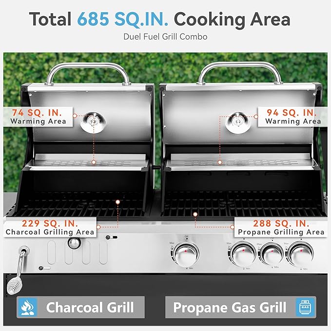 3 Burner Propane Gas and Charcoal Grill Combo with Side Burner & Porcelain-Enameled Cast Iron Grates, 37,000 BTUs 685 SQIN Dual Fuel Outdoor BBQ Grill for Patio Garden Picnic Backyard Barbecue Cooking