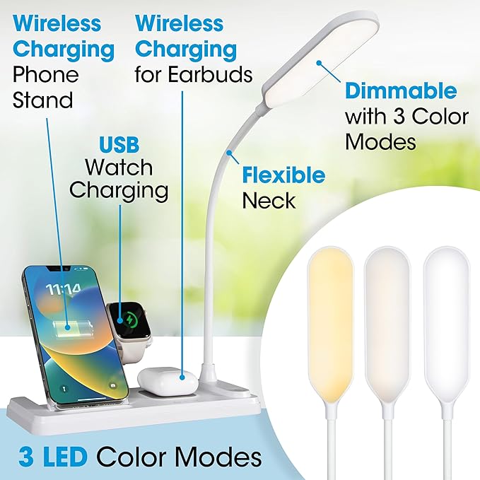 Ottlite LED Desk Lamp with Multi-Device Charging Station, White