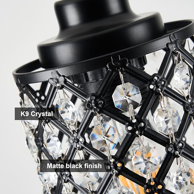 Black Pendant Light Fixtures,1-Light Modern Industrial Pendant Lights Kitchen Island, Matte Finish Hanging Lighting K9 Crystal Mini Chandelier for Dining Room,Hallway,Bedroom,Foyer（1 Pack
