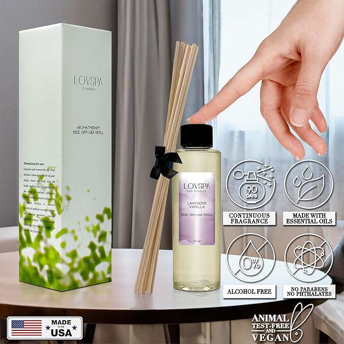 LOVSPA Lavender Vanilla Diffuser Oil - Luxury Essential Oils for Diffuser Refill & Air Freshener Room Spray - Long-Lasting & Natural Home Fragrance, Scented Oil for Diffusers, USA Made, 4oz