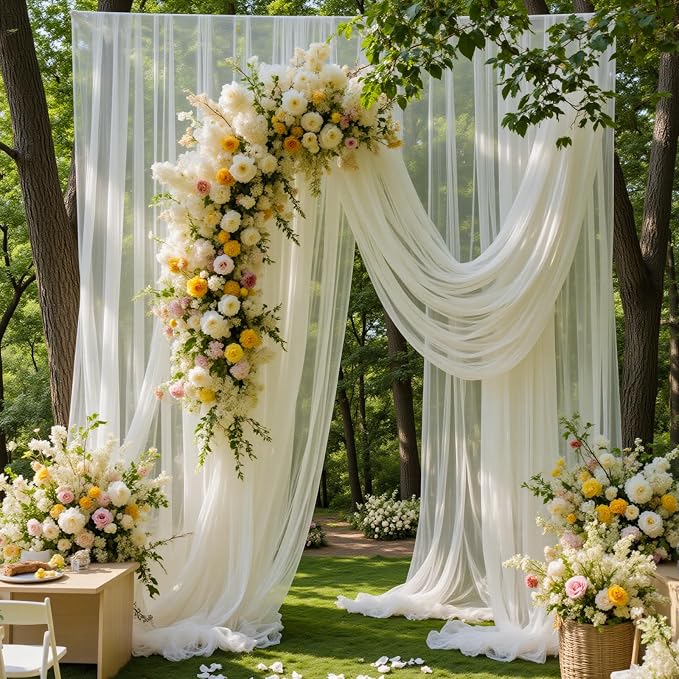 10×10ft White Tulle Backdrop Curtains with Lights String for Wedding Parties Sheer Backdrop Curtain Backdrop for Engagement Bridal Baby Shower Birthday Party Home Decoration 5ft×10ft, 2 Panels