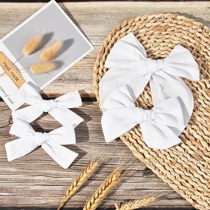 DEEKA 4 PCS White Cotton Linen Hair Bows 3 Styles 5" & 4" Handmade Hair Bow set for Toddler Girls Alligator Hair Clips Knot Bows Hair Accessories for Little School Girls (White)