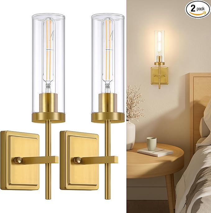 Gold Wall Sconces Lighting Set of 2, Hardwired Bathroom Vanity Light Fixture with Clear Glass Shade, Farmhouse Wall Mounted Lights for Mirror Bedroom Living Room Kitchen (Bulbs Not Included)