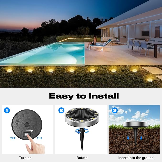 Peasur Solar Ground Lights Outdoor, 2 Pack Flat Solar Powered Disc Lights, IP68 Waterproof, Anti-Rust, Landscape Lighting for Pathway Garden Yard Lawn Walkway Landscape Driveway, Mini, Warm White