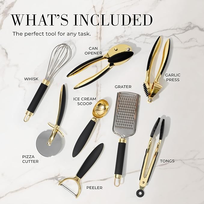 Black and Gold Kitchen Utensils - Luxe 8-Piece Gold Kitchen Tools Set with Can Opener, Pizza Cutter, Peeler, Mini Whisk, and Tongs - Stylish Accessories for Modern Cooking and Ideal for Gifting