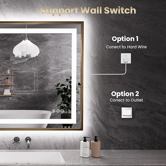 Amorho 36"X30" LED Bathroom Mirror Gold, Metal Framed Mirror with Front Light and Backlit, Stepless Dimmable, Anti-Fog, Shatter-Proof, Memory, 3 Colors