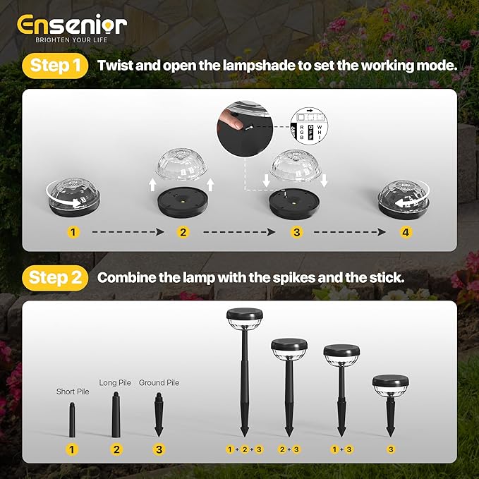 Ensenior Color Changing Solar Lights Outdoor, Auto ON/Off 3000K White Light & RGB LED Solar Garden Lights for Pathway, Yard, Patio, Waterproof, Energy-Efficient Landscape Lighting, 8-Pack