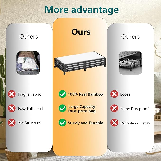 Bamboo Under Bed Storage Containers- Underbed Organizer with Wheels with Large Capacity Dust Bag,Sturdy Wood Rolling Under Bed Shoe Storage Organizer 2 Packs (Black, 2 Packs (33.07"×16.54"))