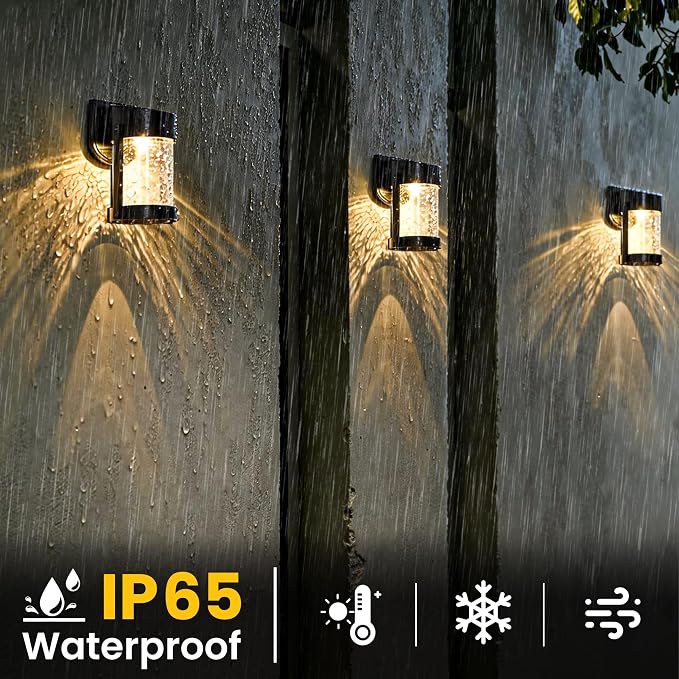 PEVOROS 2 Pack Solar Fence Lights Outdoor, Crackled Glass Wall Light for Porch, Fence, Shed, Barn, Patio, Glass Crackle Lampshade with Warm LED Light