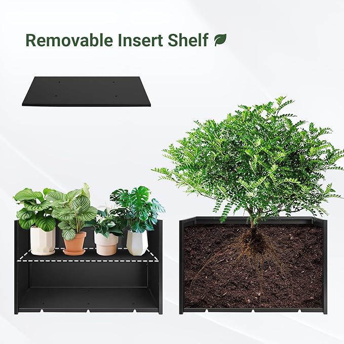 Metal Planter Box 30” x 12” x 16”, Tall Planter Box with Removable Insert Shelf, Black Steel Planter Heavy Duty for Porch, Garden, Patio, Yard