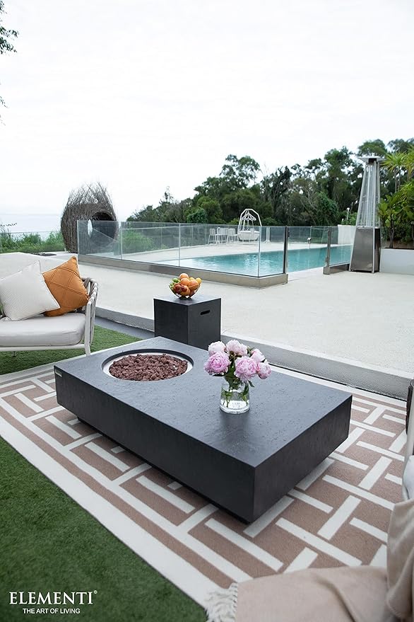 Elementi | Bundle Metropolis Gas Fire Pit Cast Concrete 56" Rectangular Fire Table, Outdoor Fire Pit Electronic Ignition | Canvas Cover, Lava Rock Included | Dark Gray (Natural Gas)