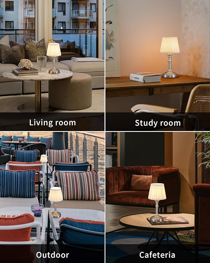 KDG Cordless Portables Table Lamp Set of 2, LED Fabric Shade Small Desk Lamps, 5000mAh Battery Powered Lighting, 2700K Stepless Dimmable Light for Living Room, Dining Room, Bedroom, Bedside (Nickel)