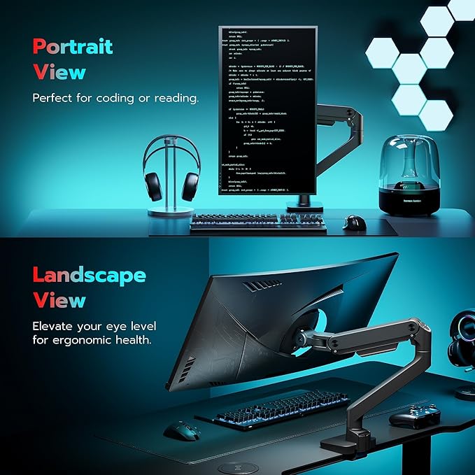 ARES WING Ultrawide Monitor Arm for 17 to 49 Inch Heavy Duty Curved Screen, Holds 44 Lbs, Adjustable Gas Spring Monitor Arm Desk Mount with C Clamp, Grommet Base, 75/100 Vesa Mount, Black