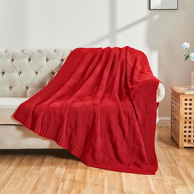 CozeCube Check Knit Throw Blanket, Christmas Red Checkered Bedroom Blanket for Couch, Soft Cozy Warm Knitted Blanket for Bed Sofa Living Room, Decorative Spring Fall Throw Blanket, 50"X60"