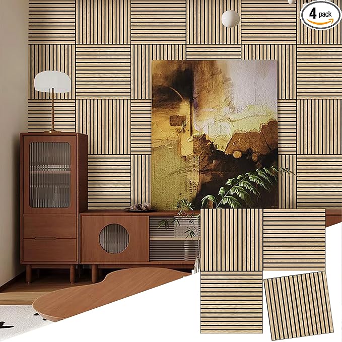 Acoustic Wood Panels for Wall 4-Pack - Natural Oak Veneer Soundproof Panels for Home & Office, 23.6" Wood Wall Panels with Noise Reduction (23.6" W x 23.6" L)