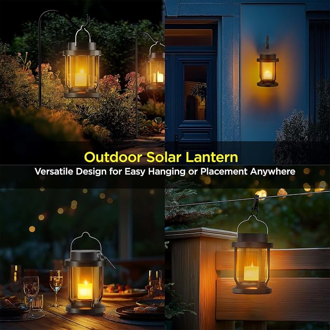 Solar Lantern Outdoor & Indoor Use – Hanging Solar Lights with Realistic Flickering Flameless Candle, Weatherproof for Gardens, Patios, Trees, and Lawns (Black + Amber, 2 Pack)