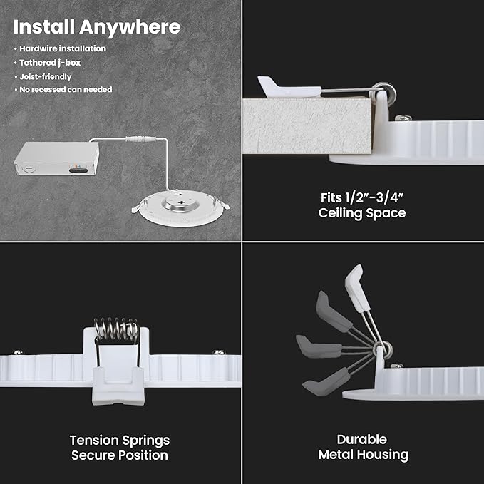 Feit Electric 4" LED Canless Recessed Downlight with Night Light Mode and Integrated J-Box, 75W EQ, Dimmable, 5CCT Selectable White, 90 CRI, 850 Lumens, 45-Year Lifetime, LEDR4XT/HO/NL5CCTCA4, 4 Pack