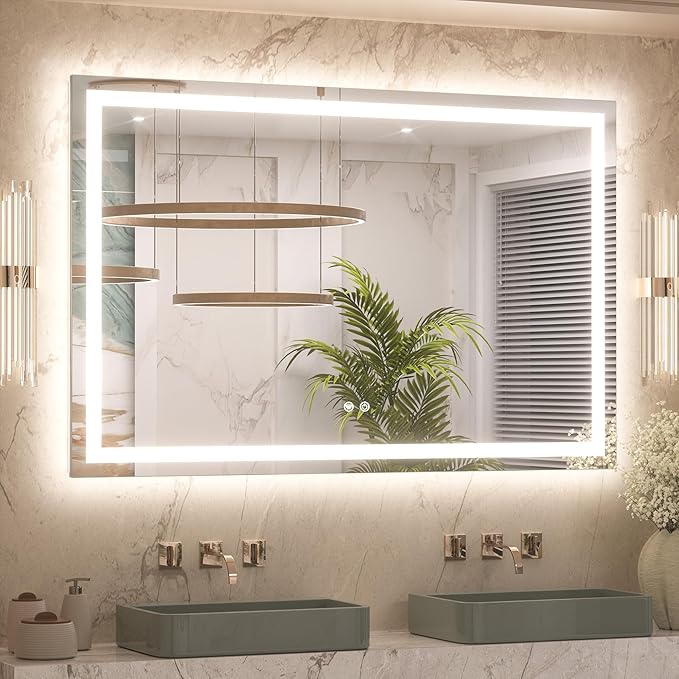 Keonjinn LED Mirror for Bathroom 48 x 30 Inch, Frontlit & Backlit Bathroom Vanity Mirror with 3 Color Lights, Lighted Bathroom Mirror with Anti-Fog, HD Tempered Glass, UL-Listed LED Driver, CRI90+