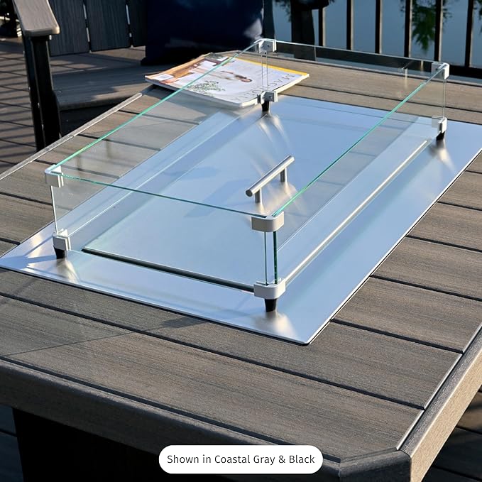 LuxCraft 51" Lumin Rectangular Gas Propane Fire Pit Table for Outdoor Patio with Tempered Glass Wind Guard and Stainless Steel Burner Cover - Amish Made in USA (Dove Gray & Black)