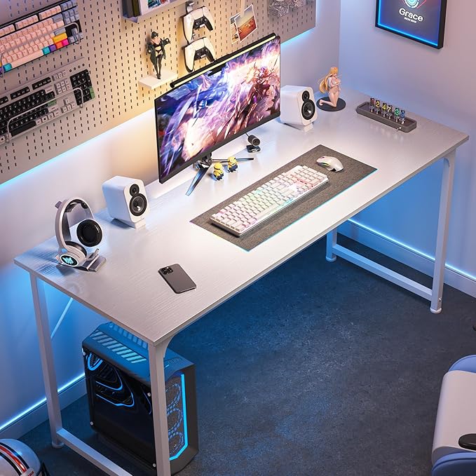 Huuger Computer Desk, 55 Inch Home Office Desk, Gaming Writing Work from Home Study Desk, Large Legroom, Sturdy Metal Frame, Modern Simple, White