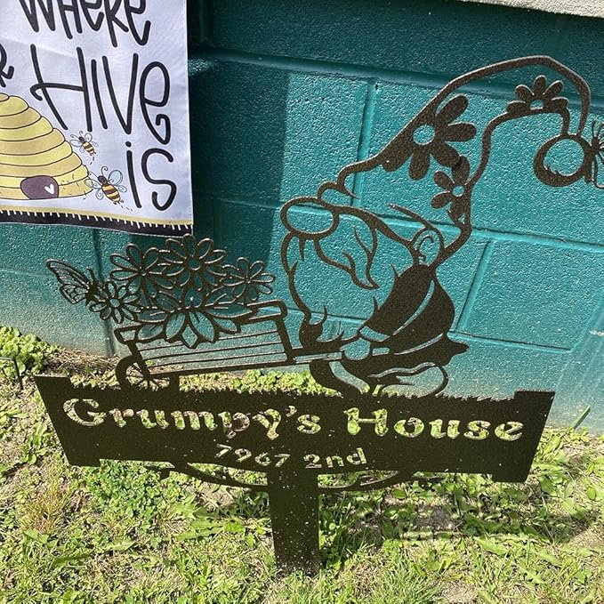 RealSteel Garden Gnome Monogram Yard Sign - Customizable Metal Sign with Gnome & Wheelbarrow Design - Personalized Name & Text (Black, 14" x 20")