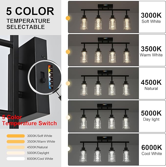 MELUCEE LED Track Light Semi Flush Mount Ceiling Spotlight 6 Lights Bathroom Light Fixtures Over Mirror with Flexibly Rotatable Light Heads, Built-in LED Chips, 5-Color Temperature Adjustable