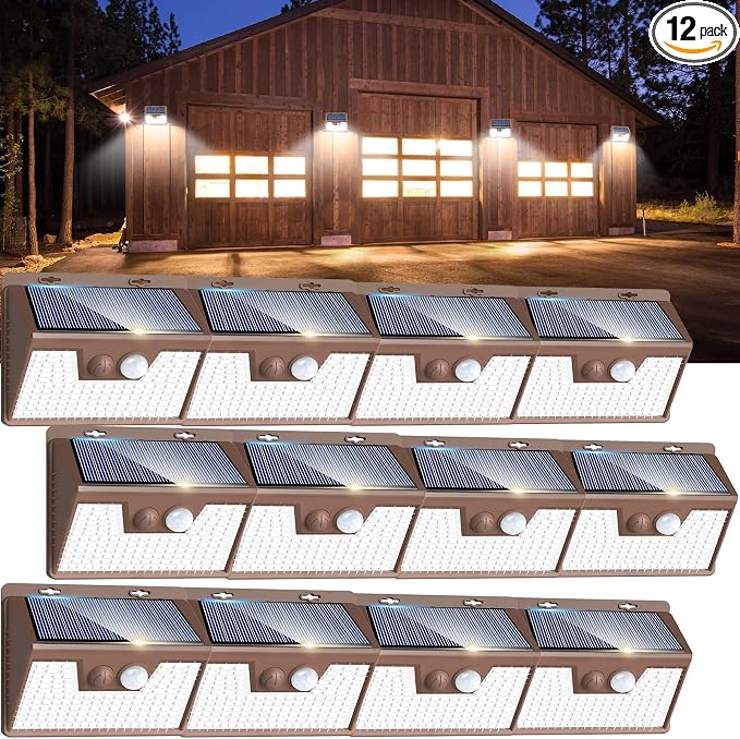Peasur Solar Lights Outdoor Waterproof [12 Packs/140 LEDs], 3 Lighting Modes Solar Motion Sensor Light Outdoor, Ultra Bright Security Lights Outdoor Solar Lights for Outside Fence Patio Deck[Brown]