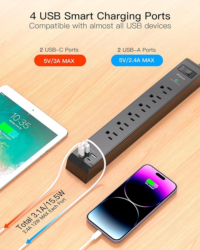2 Pack Surge Protector Power Strip, 6 Outlets 4 USB Charging Ports, 12Ft Braided Extension Cord, Slim Flat Plug, Wall Mount, Desk Accessories, Home Office Essentials