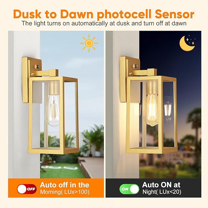 PARTPHONER Gold Dusk to Dawn Outdoor Lights for House Wall Mount, Sensor Exterior Lighting Fixtures set of 2, Anti Rust Wall Sconce Lamp, Waterproof Wall Lantern for Doorway, Garage, WTWL181AJ2