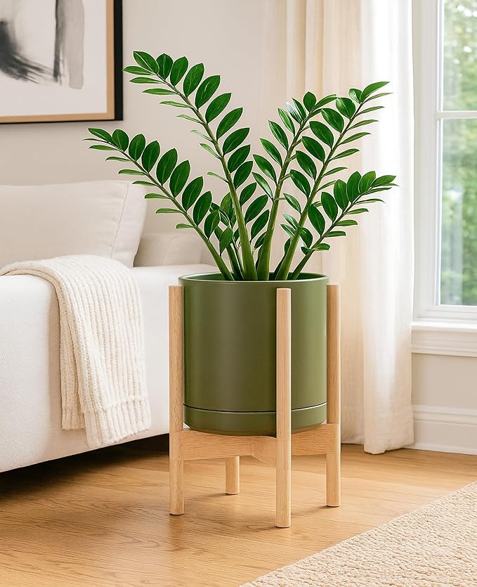 D'vine Dev Ceramic Planter with Natural Stand - 10 Inch Modern Round Flower Pot with Wood Planter Holder, Olive, 55-B-K-J