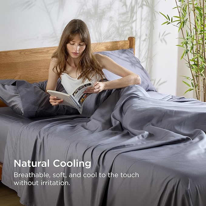 Bedsure King Size Sheets Set, Cooling Sheets for Hot Sleepers, Rayon Derived from Bamboo, Breathable & Soft, Deep Pocket Up to 16 Inches, Hotel Luxury Silky Bedding, Dark Grey