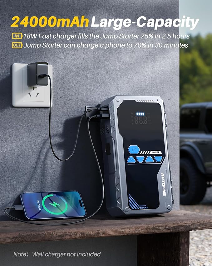 AUTOONE 8000A Jump Starter with Air Compressor (All Gas/12L Diesel), 150PSI Car Jumper Starter Portable, Jump Box Tire Inflator with LED Flashlight, LCD Display, Storage Case