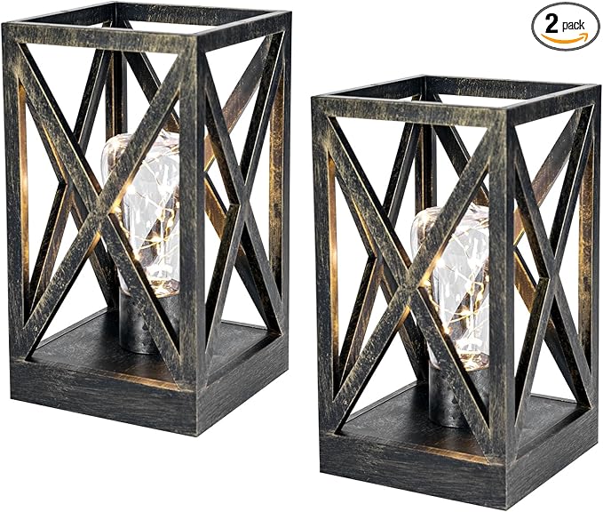 WINGBO 2 Pack Retro Battery Powered Table Lamps, Battery Operated Cordless Lamp Set, Portable Nightlight Decorative Light for Living Room Dining Room Bedroom Entryway Patio, Black & Gold Finish