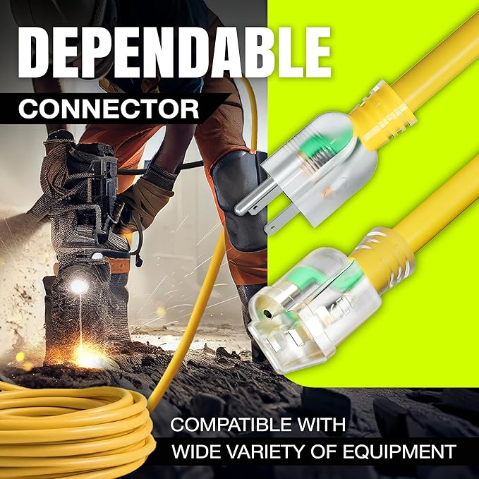 50ft Outdoor/Indoor Extension Cord 16/3 Gauge Heavy Duty 3 Prong SJTW, Waterproof, Flexible Cold-Resistant Long Power Cord,13A 125V 1625W, Yellow by LifeSupplyUSA
