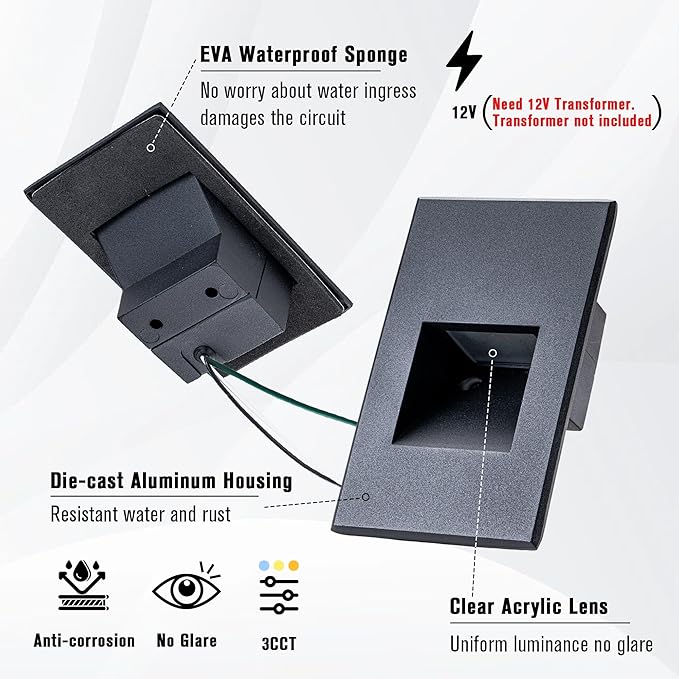 Indoor Stair Lights Outdoor LED Step Light 12V Low Voltage Lights for Steps, 4W 3000K Warm White IP66 Waterproof Deck Stairway Lighting, Vertical, Black,12-Pack