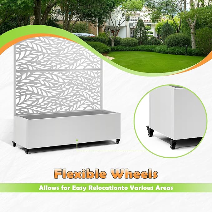 Metal Raised Garden Bed with Trellis, 2-in-1 Planter Box & Privacy Screen for Climbing Plants, Outdoor Standing Flower Bed with Drainage Holes, 47.2" L x 16.7" W x 70.8" H, White-Spring