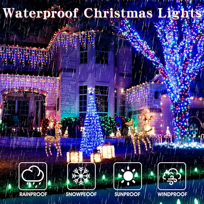 Christmas Icicle Lights Outdoor,640 LED 65.6 FT 8 Modes with Remote Control, Curtain Fairy String Lights for Christmas Decorations Holiday Wedding Party Eaves Window Yard Indoor (Multicolor)