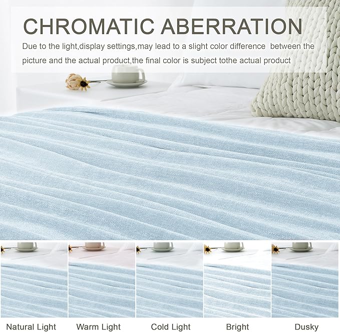 Chenille Throw Blanket for Couch 60"X 80" Twin, Soft Cozy Throws with Fringe Tassel for Bed Sofa Chair Cover, Lightweight Knitted Decorative Boho Blankets for Living Room, Light Blue