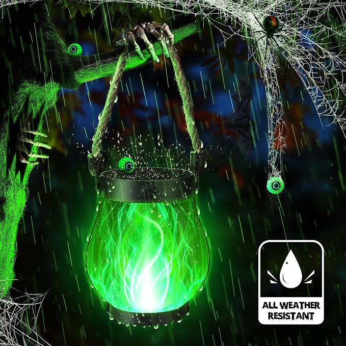 iBaycon 1 Pack Gen2 Solar Lantern Lights USB Halloween Flame Lamp, Green | Solar Garden Lights with Dual Charging USB & Solar, 2 Modes Outdoor Waterproof Hanging Lantern for Home Halloween Decor