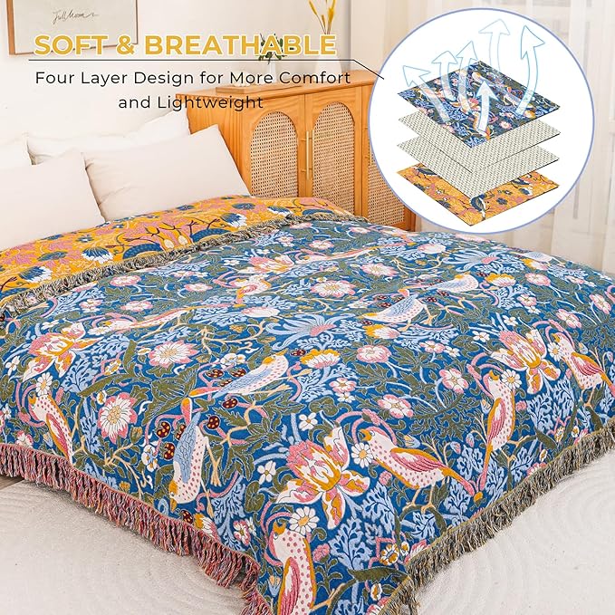 Queen Size Throw Blanket for Bed 100% Cotton Boho Oversized Soft Cozy Muslin Quilt Blanket Double Bird and Florals, Vintage Farmhouse Cottage Woven Blankets for Bedding Couch,80"×90"- Blue&Yellow