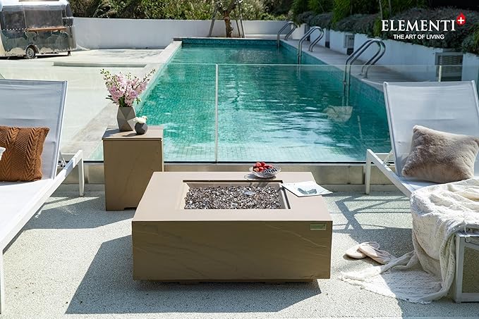 Elementi+ | Uluru Gas Fire Pit Cast Concrete 40" Square Fire Table, Outdoor Fire Pit Electronic Ignition | Canvas Cover, Fire Glass and Burner Lid Included | Sunlight Yellow | Propane Gas