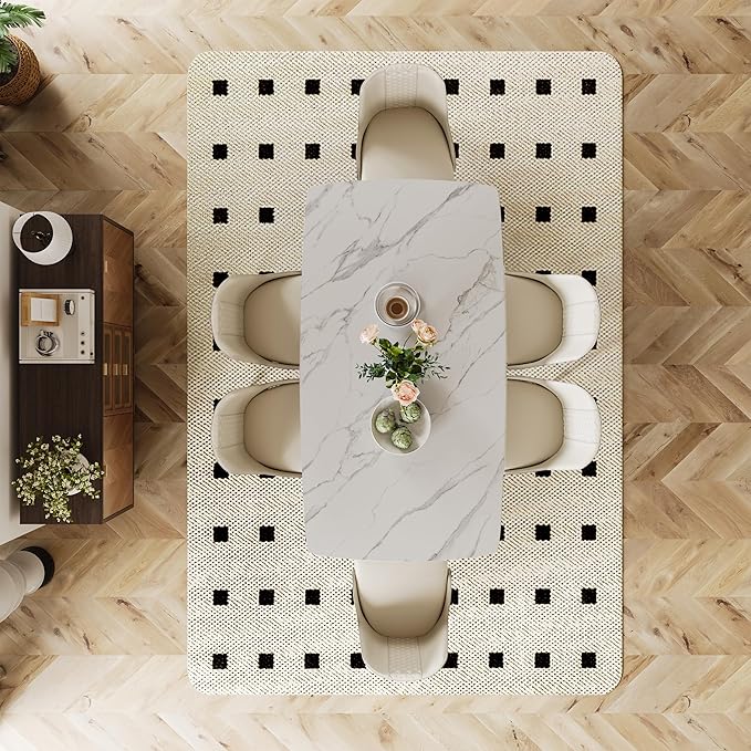 POVISON 71" Modern Dining Table for 4-6 People, Matte White Sintered Stone Table Top with X-Shape Carbon Steel Pedestal, Large Rectangular Table for Kitchen Living Room