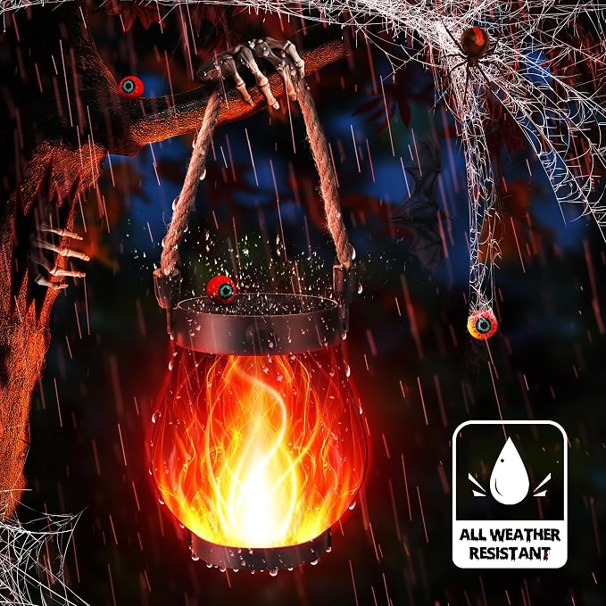 iBaycon 2 Pack Gen2 Solar Lantern Lights USB Halloween Flame Lamp, Red | Solar Garden Lights with Dual Charging USB & Solar, 2 Modes Outdoor Waterproof Hanging Lantern for Home Halloween Decor