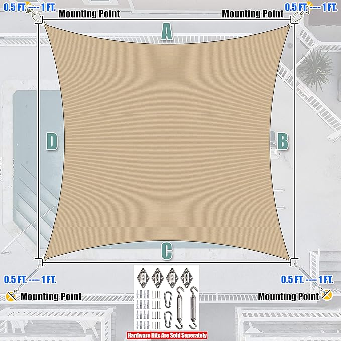 Amgo Custom Size 14' x 19' Sand Beige Rectangle Square Sun Shade Sail UPF50+ AGTAPR1620, Order to Make Canopy Awning, 95% UV Blockage, Water & Air Permeable, Commercial and Residential (We Customize)
